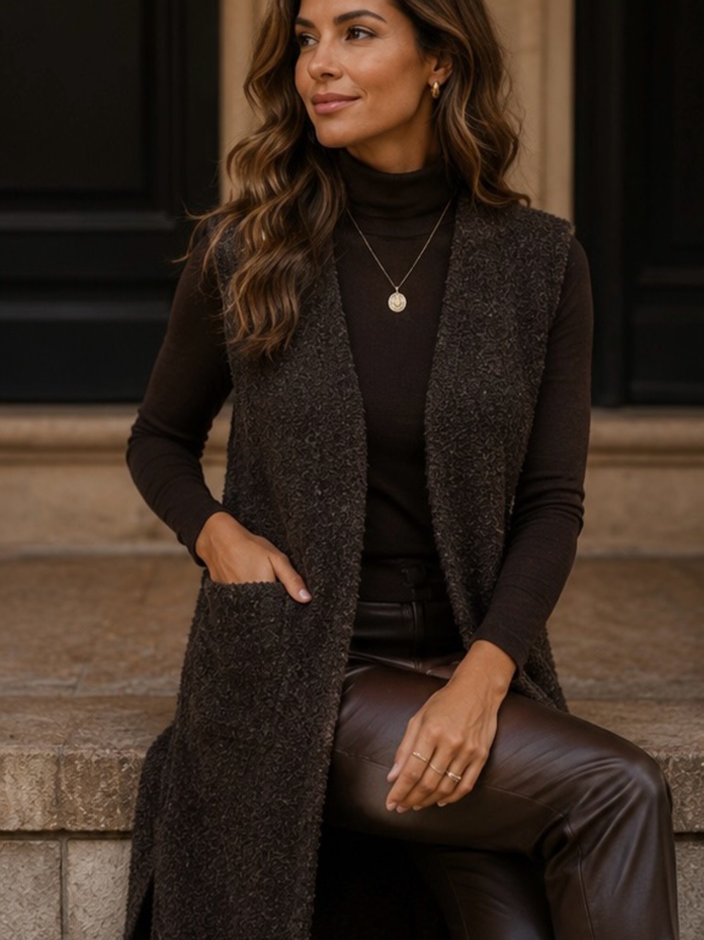 Gilmour Vancouver Open-Front Bouclé Vest Cardigan Chocolate Brown S/M 42”